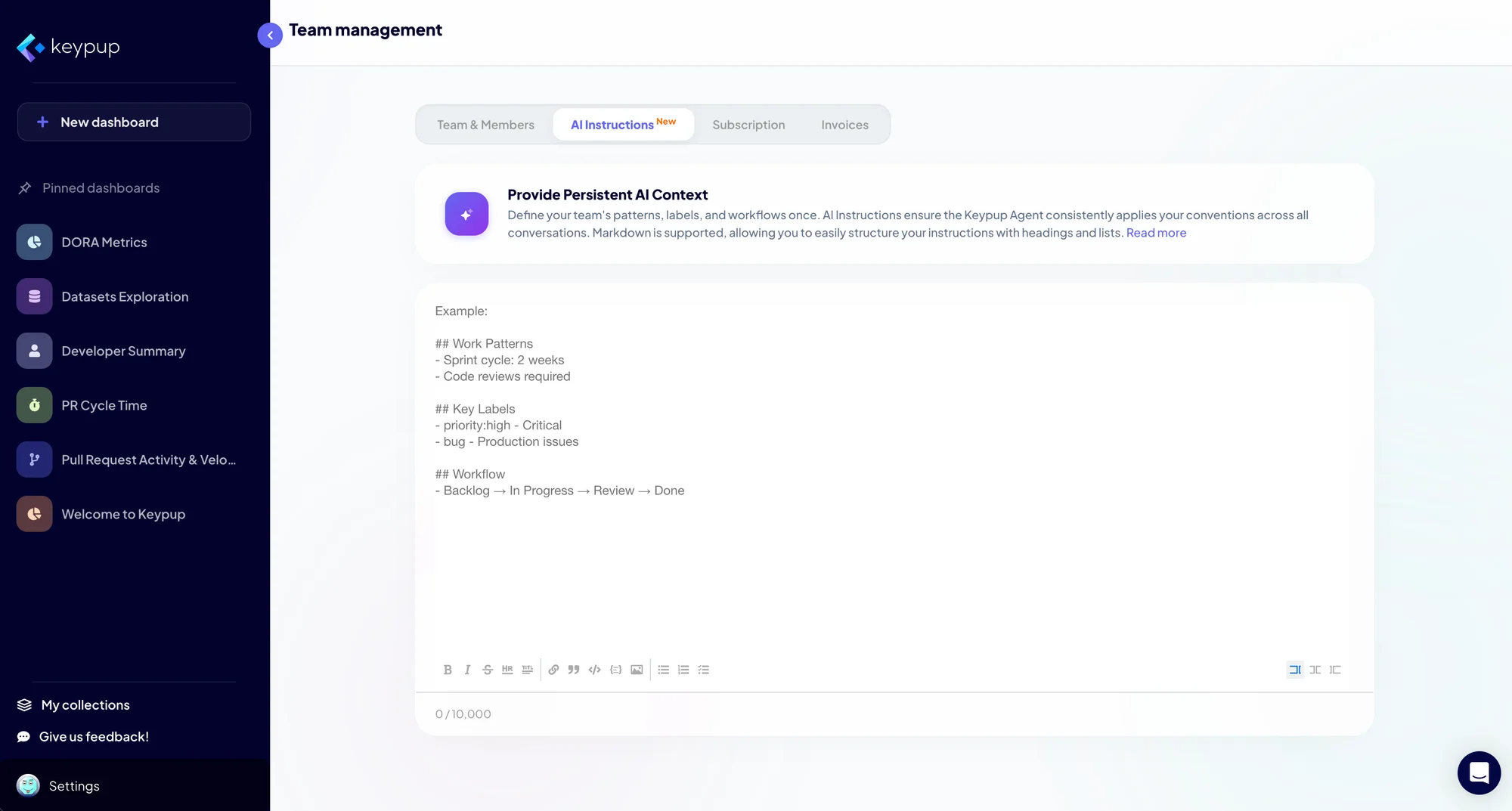 AI Instructions settings in Keypup